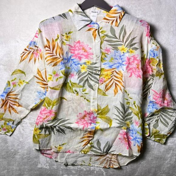Vitamin A Tops - Vitamin A Playa Linen Boyfriend Shirt Women's L Natural Drapey Floral Color Pop